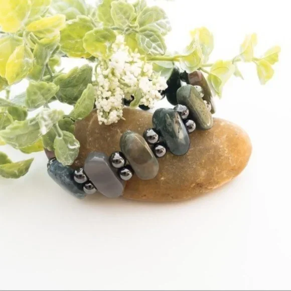 Green Moss Agate Hematite Bracelet Natural Semi Precious Gemstone Artisan